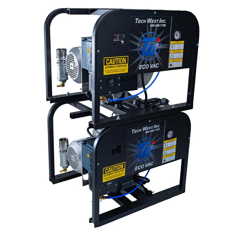 Tech West EcoVac dual head dry vacuum on equipment rack